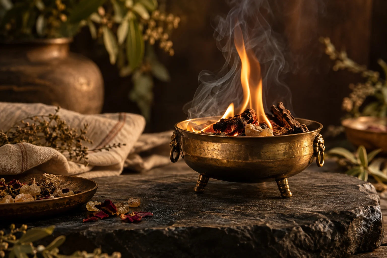A restrained ritual flame in brass, with stone and warm shadows