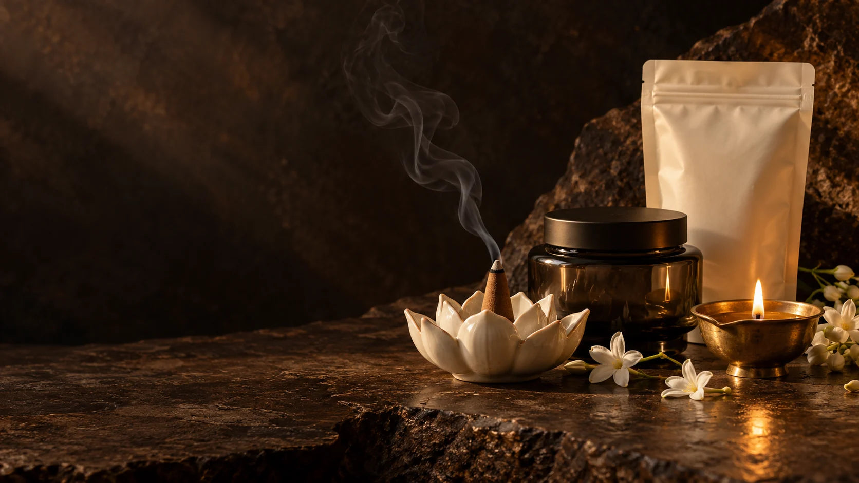 Representative glass jar, pouch and ceramic lotus ritual composition
